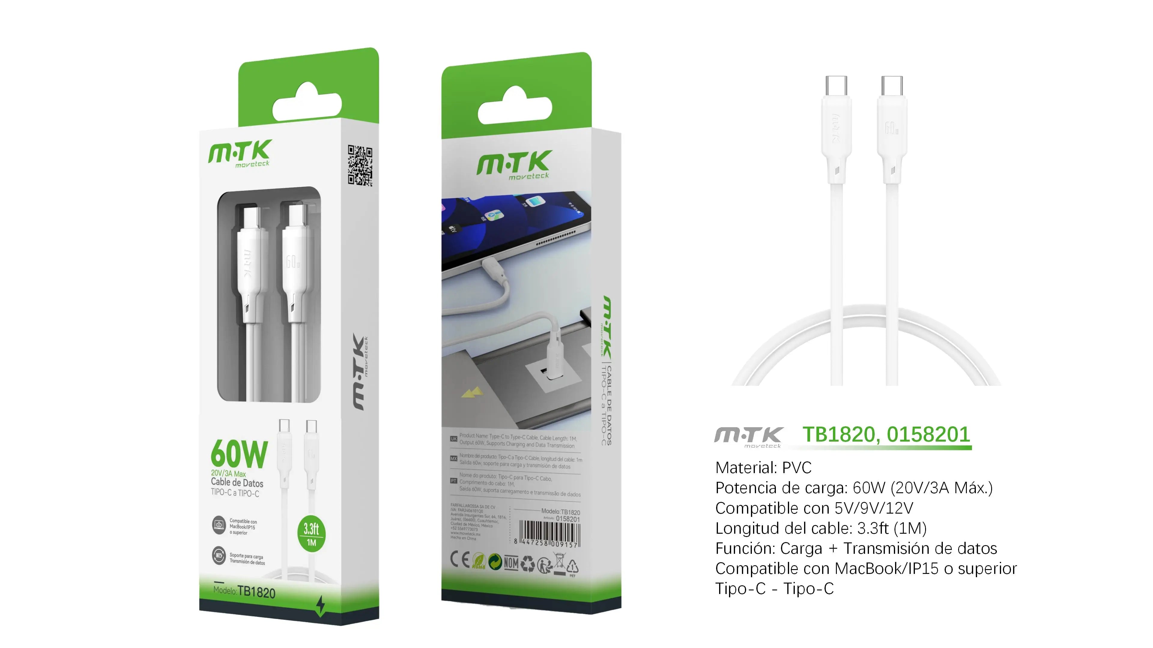 60W Cable USB C 1M Carga Rápida Trenzado – Compatible con iPhone 16/15, Galaxy S24/S23, Pixel, MacBook Air/Pro, iPad Pro, CarPlay, Android Auto (Blanco/Nergo)