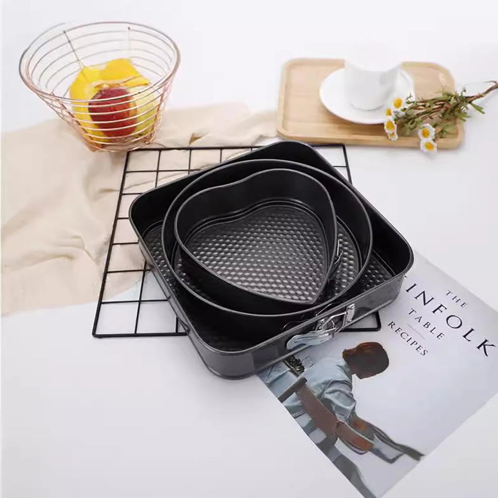 Plato de repostería con resorte, juego de 3 piezas: plato para pastel de forma corazón, redonda o cuadrada, antiapagado y antiadherente, con base desmontable de acero al carbono