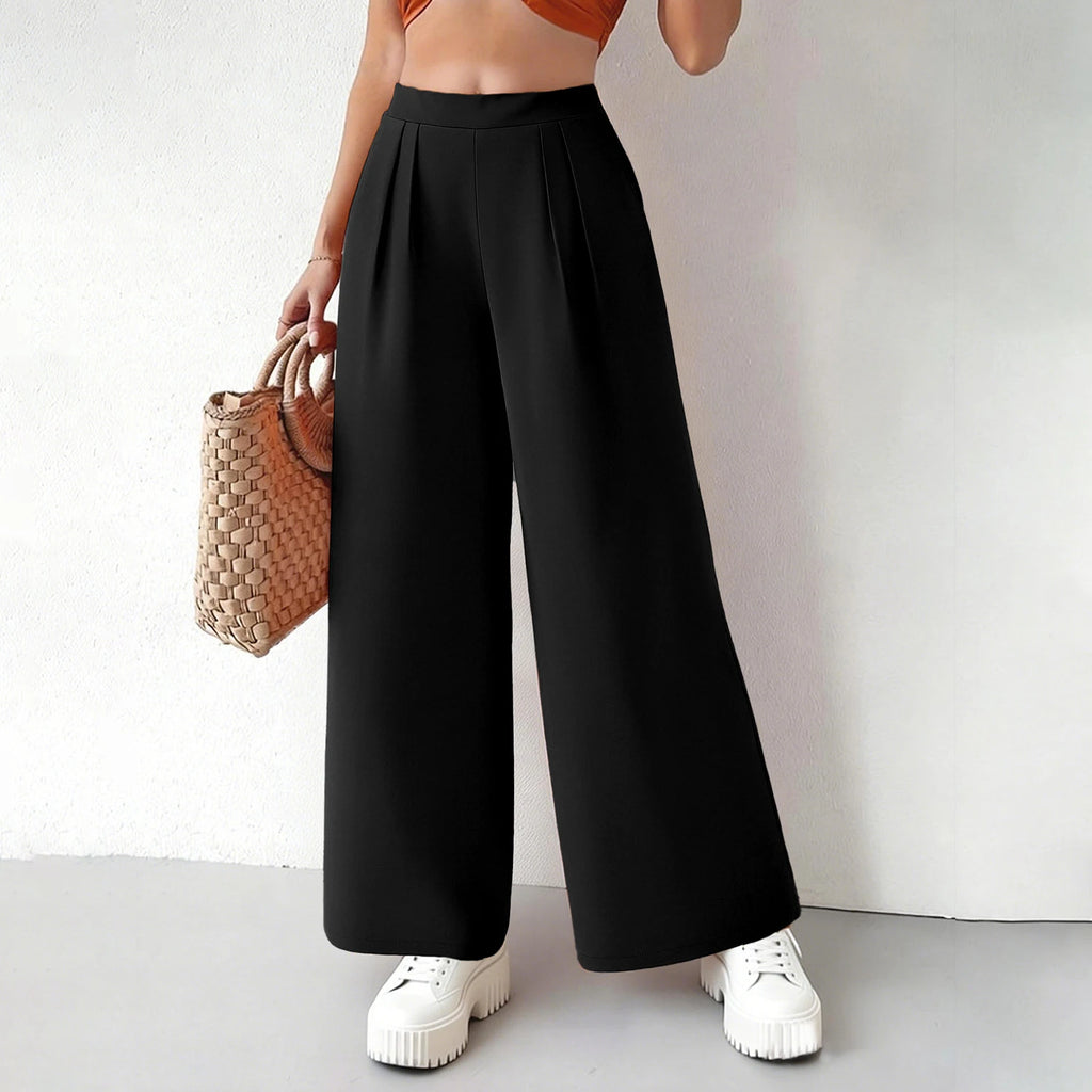Pantalones de mujer minimalistas de cintura alta y pierna ancha para oficina,con bolsillos laterales plisados,adecuada para uso diario