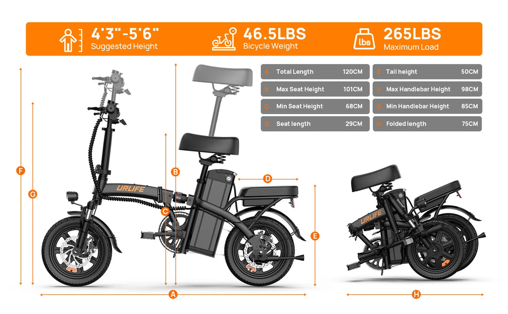 Urlife E-Bike 14 pulgadas plegable 500W 48V 7.5Ah extraíble y carga rápida 40 millas suspensión delantera hidráulica frenos de disco duales Naviga