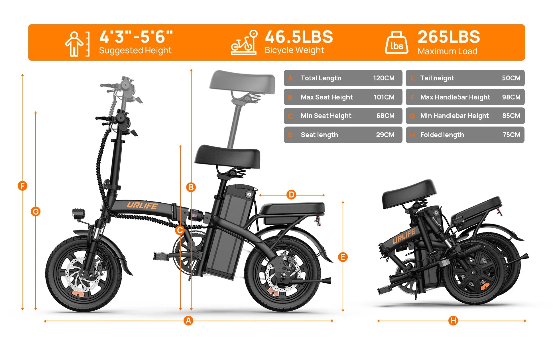 Urlife E-Bike 14 pulgadas plegable 500W 48V 7.5Ah extraíble y carga rápida 40 millas suspensión delantera hidráulica frenos de disco duales Naviga