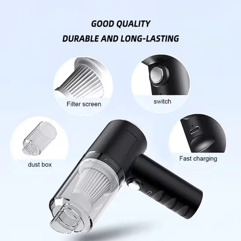Aspiradora inalámbrica portátil para automóviles, ligera y fácil de transportar, con boquilla angular ideal para limpiar hogares y vehículos, compatible con carga USB y equipada con batería de polímero de litio.