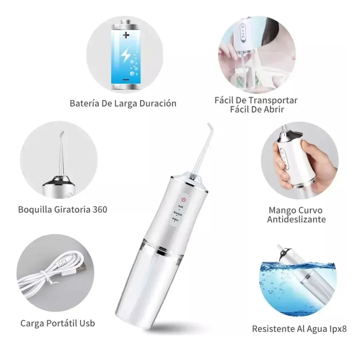 Irrigador Bucal Portátil Traje Limpiador Dientes Eléctrico Con3 Modes & 4 Nozzle Ipx7 Impermeable Portable Design Extraíble Y Lavable Inalambrica Usb Recargable Capacidad