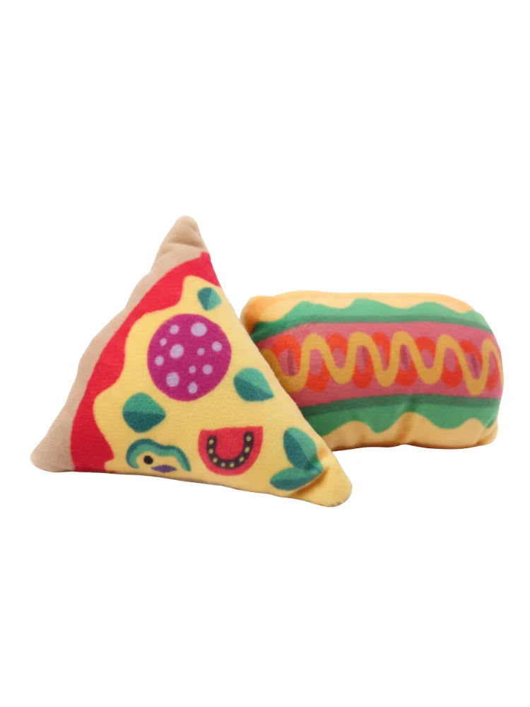 Peluches para mascota, Pack 2 de pizza y hotdog , suministros para mascota, juguete molar para cachorros, alivian el estrés, pequeño , resistente, ayuda a mejorar la ansiedad, irrompible, juguete interactivo