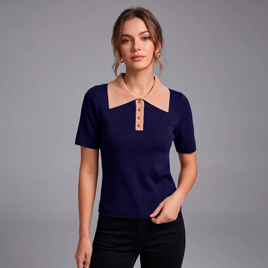 Camiseta Polo de Punto con Cuello en Contraste y Botones Dorados - Estilo Refinado