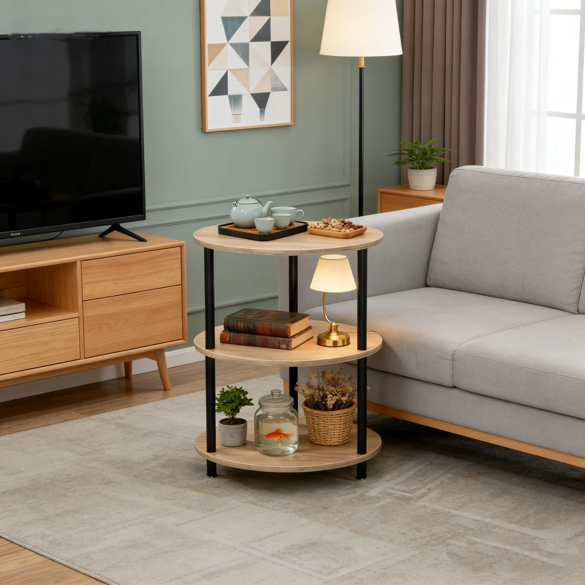 Mesita Auxiliar Redonda Mini, Mesita de Madera de 3 niveles , Ideal como Mesa de Centro, Mesita Lateral de Sofá y Mesita de Noche, 33.5X33.5cm