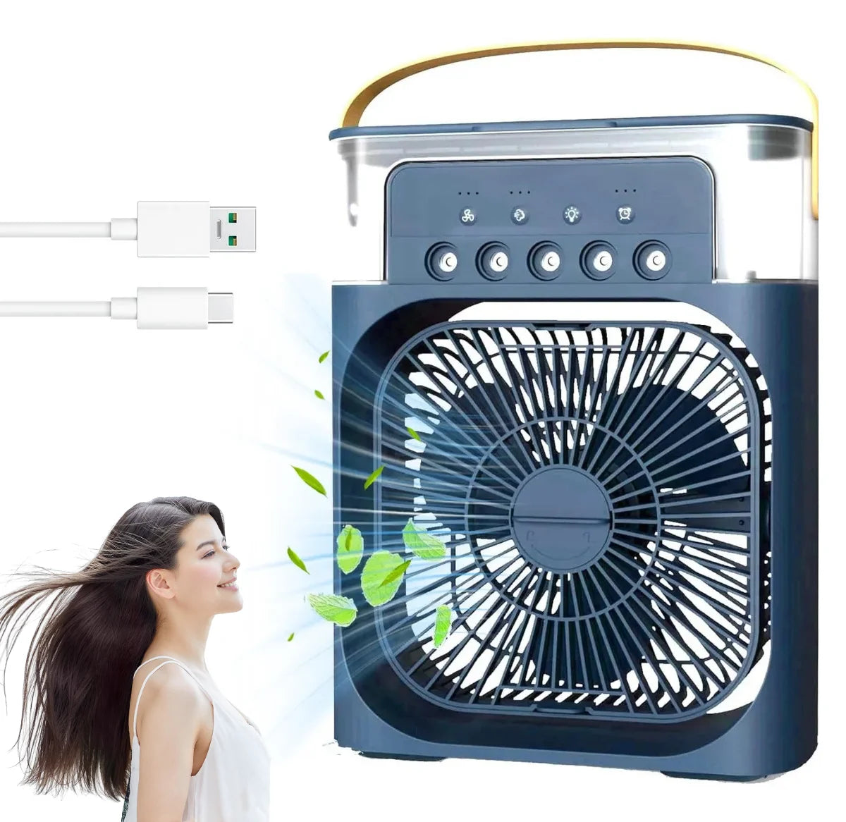 Enfriador de Aire Portátil 3 en 1, Mini Ventilador USB con Humidificador y 5 Boquillas de Pulverización. 3 Velocidades, 3 Modos de Pulverización, Temporizador y Luz Nocturna Multicolor,Flujo de Aire Ajustable.