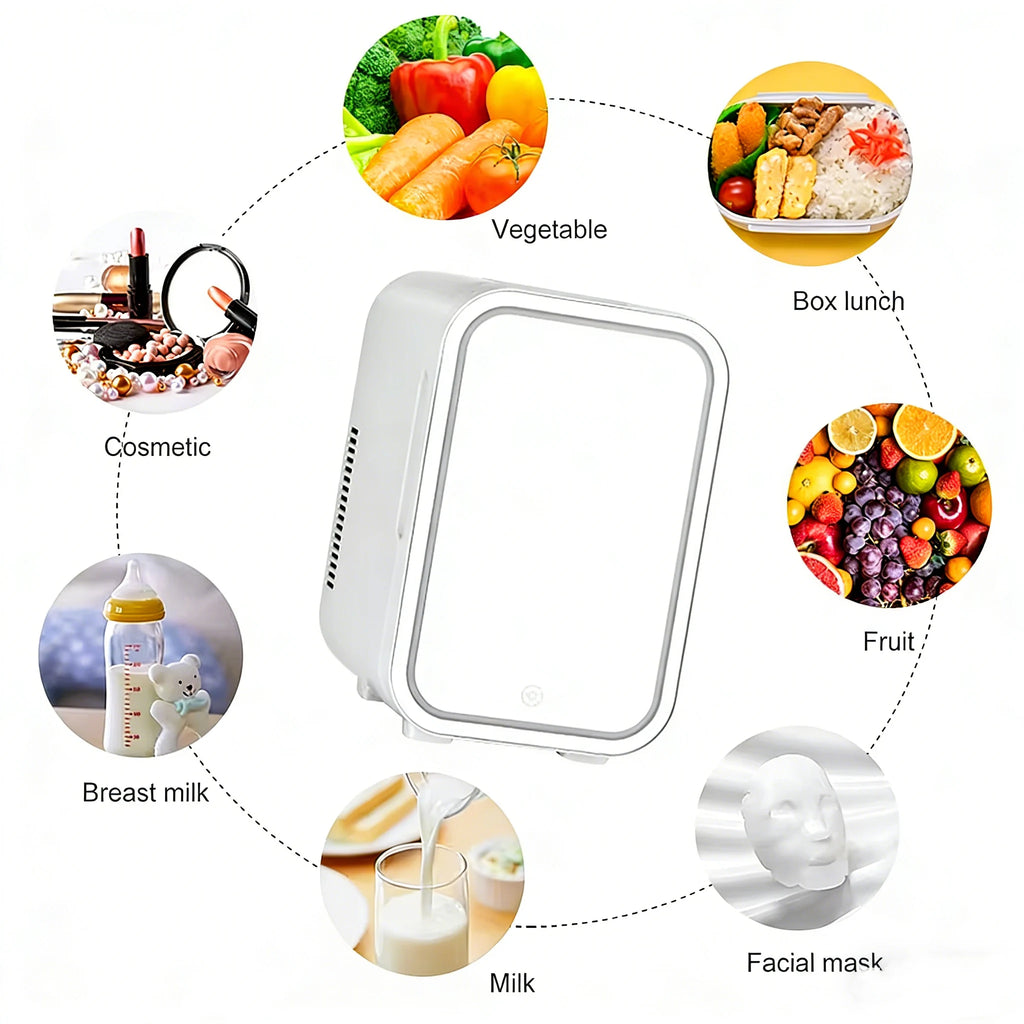 Mini Refrigerador Portátil para Cuidado de la Piel con Espejo y Luz LED Regulable, Nevera Compacta para Cosméticos, Bebidas y Leche Materna, Ideal para Hogar, Oficina, Viajes y Camping.