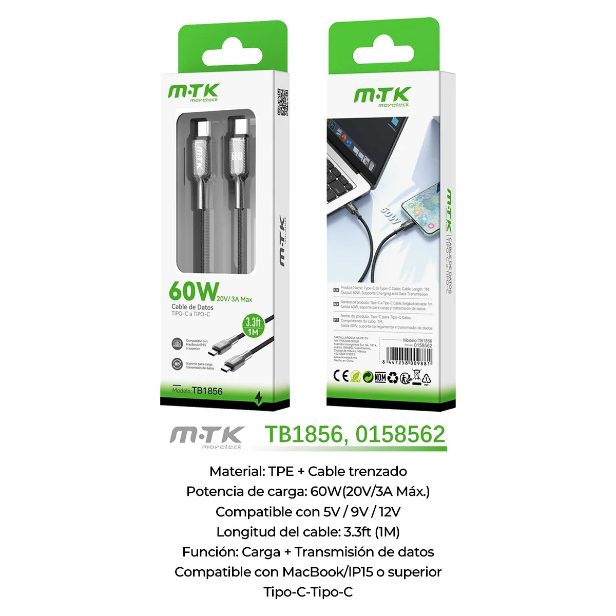 60W Tipo C Cable 3.3FT(1M) - 2pcs Tipo C Cord Soporte de sincronización de datos y carga Compatible con Laptop|Power Bank|Smart Phone