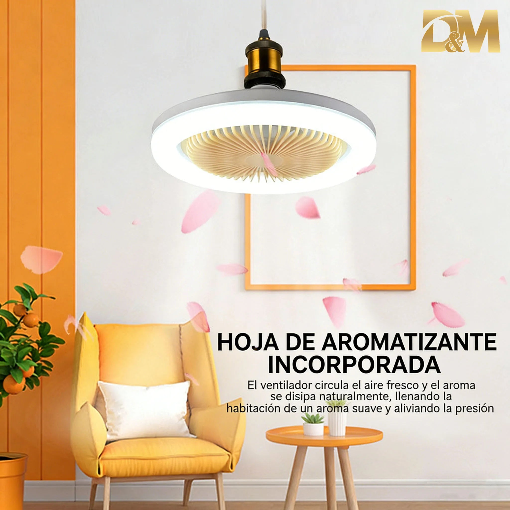 Ventilador de techo circular LED con luz y control remoto, temperatura de color ajustable de 3000 K a 6500 K, tres velocidades, ideal para diversos espacios como dormitorios.