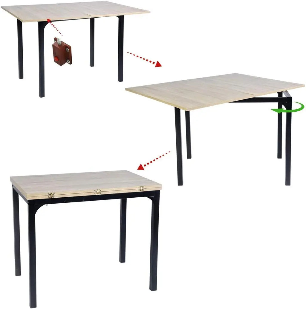 Mesa Comedor Rectangular Extensible para 4-6 Personas, Tapa Madera Negra con Revestimiento Polvo Negro en Patas Metal, Mesa Comedor Grande con Hoja Extensible Separada Mesa de Escritorio con Superficie Plegable