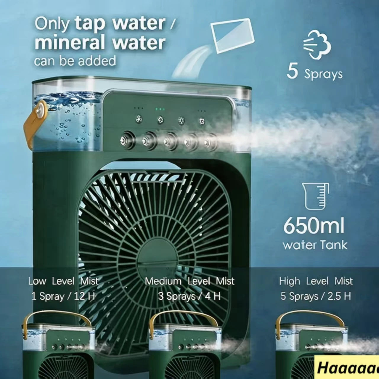 Botella de Spray Portátil para Aire Acondicionado de 600 ml, Ventilador Portátil para RV, Pequeño Aire Acondicionado 3 en 1 con 3 Niveles de Humidificación y 3 Velocidades, Luz Nocturna, Tanque de Enfriamiento de Agua