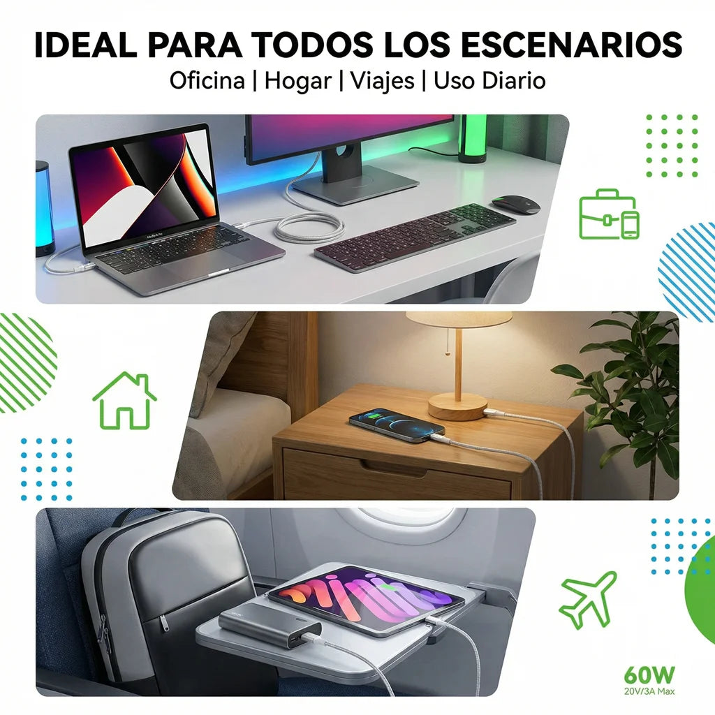60w Cable USB C a USB C 1M, Tipo C a Tipo C Carga Rapida 20V 3A, Compatible con Smartphone Galaxy, Macbook Pro, MacBook Air, iPad Pro