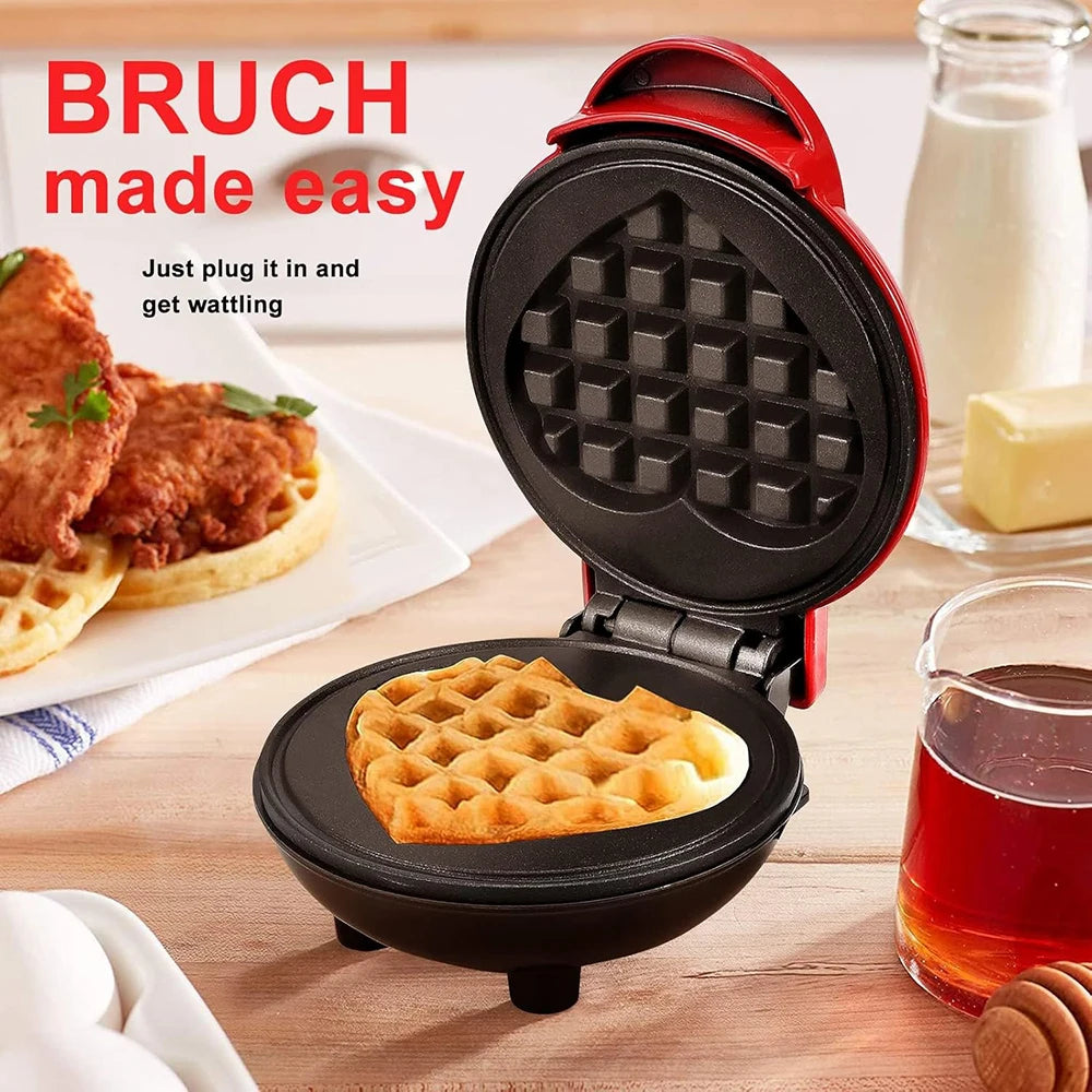 Mini Máquina Eléctrica de Waffles con Diseño "Amor", Tamaño 5 Pulgadas Portátil, Multiusos para Preparar Waffles, Sándwiches y Desayunos Caseros