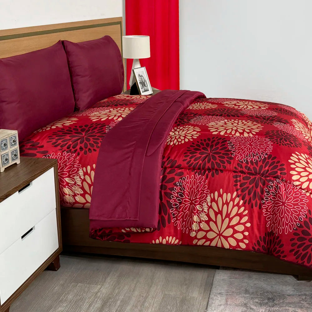 Edredón con sábanas Arezzo rojo-Opalo negro-Titanio verde Matrimonial y king size Elefantito Hogar