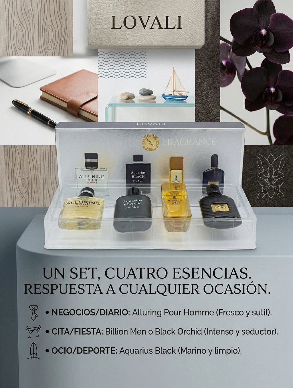 Set de Perfumes para Hombre Lovali 4 Fragancias de 30ml Regalo Ideal para Caballero Aromas de Lujo Cítrico Madera y Marino Estuche de Lociones Masculinas Colección Exclusiva para Viaje y Uso Diario Aroma Duradero