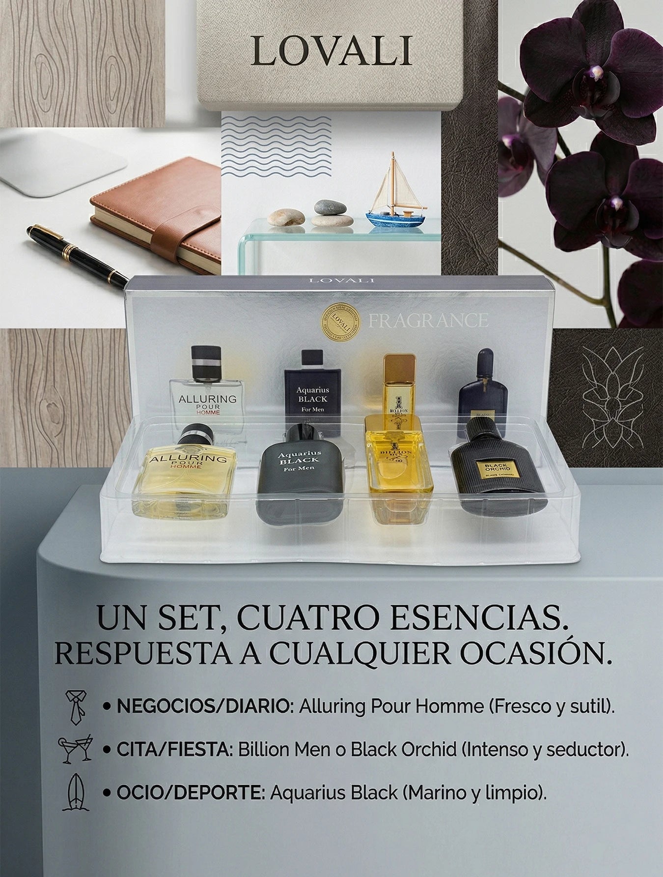 Set de Perfumes para Hombre Lovali 4 Fragancias de 30ml Regalo Ideal para Caballero Aromas de Lujo Cítrico Madera y Marino Estuche de Lociones Masculinas Colección Exclusiva para Viaje y Uso Diario Aroma Duradero