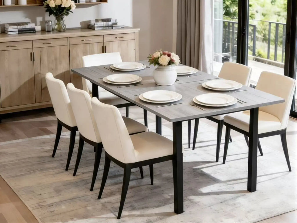 Mesa Comedor Rectangular Extensible para 4-6 Personas, Tapa Madera Negra con Revestimiento Polvo Negro en Patas Metal, Mesa Comedor Grande con Hoja Extensible Separada Mesa de Escritorio con Superficie Plegable