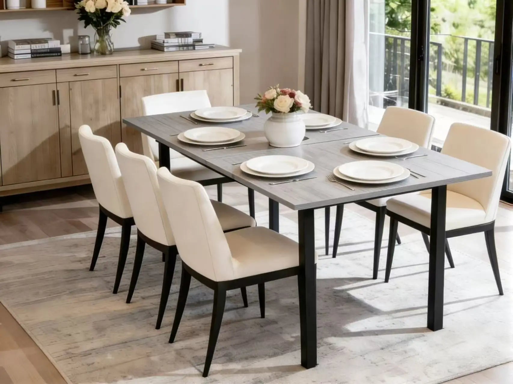 Mesa Comedor Rectangular Extensible para 4-6 Personas, Tapa Madera Negra con Revestimiento Polvo Negro en Patas Metal, Mesa Comedor Grande con Hoja Extensible Separada Mesa de Escritorio con Superficie Plegable