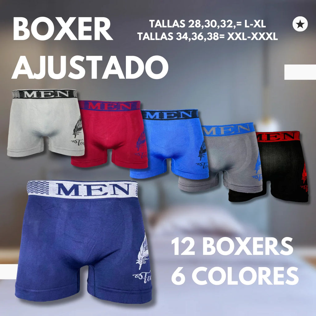 12 Piezas Boxer Caballero Mayoreo Tela Suave Cómodos y Ajustables Económicos Ligeros Modelo Feather