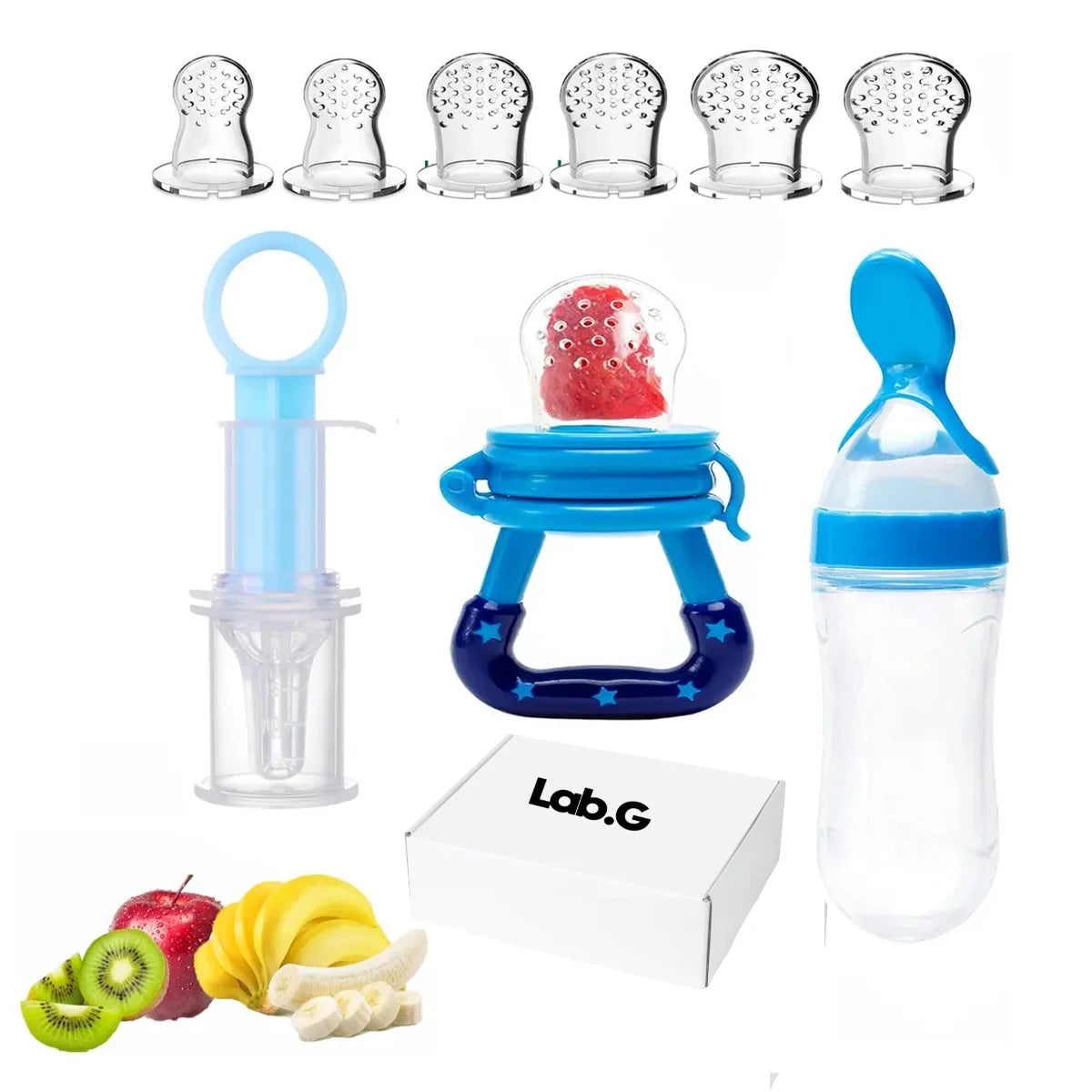 3 Pc Chupón Alimentador Fruta Y Biberón Cuchara Para Papilla Azul LAB.G