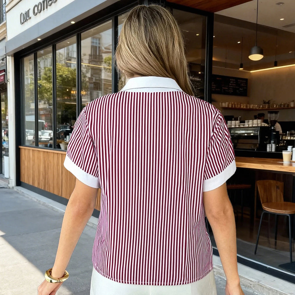 Elegantes Blusas Para Juvenil Mujer A Rayas Con Botón Delantero,Camisas De Vestir De Manga Corta