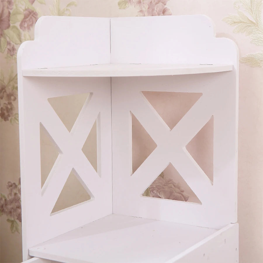 Estante de esquina independiente, estante de almacenamiento de baño independiente, estante de almacenamiento de baño de madera blanca, ahorro de espacio, gabinete de almacenamiento de baño estrecho, adecuado para espac