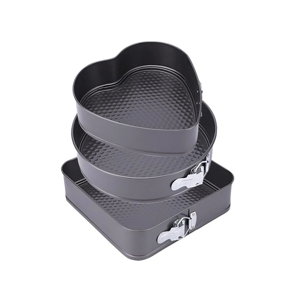 Plato de repostería con resorte, juego de 3 piezas: plato para pastel de forma corazón, redonda o cuadrada, antiapagado y antiadherente, con base desmontable de acero al carbono
