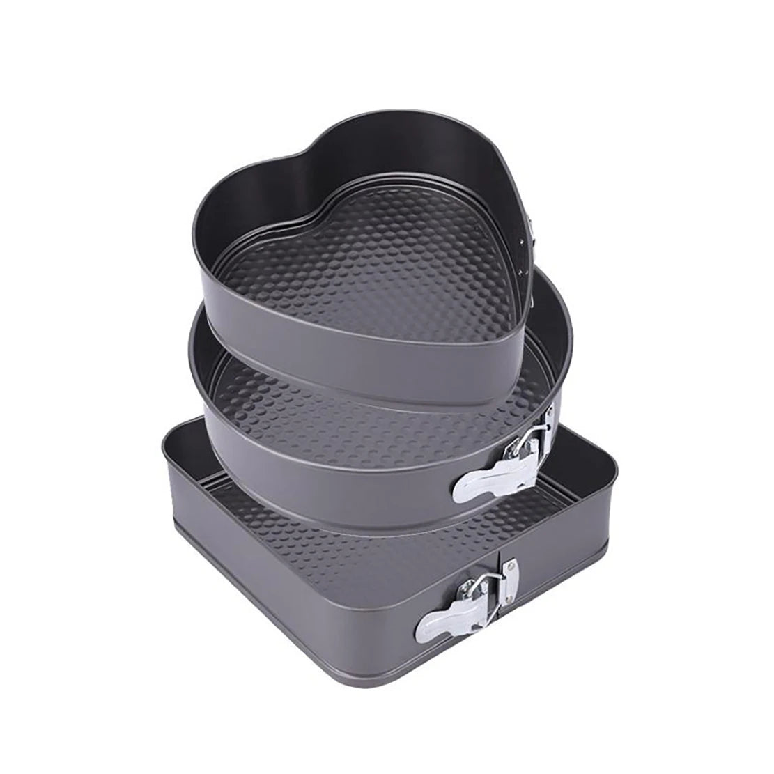 Plato de repostería con resorte, juego de 3 piezas: plato para pastel de forma corazón, redonda o cuadrada, antiapagado y antiadherente, con base desmontable de acero al carbono