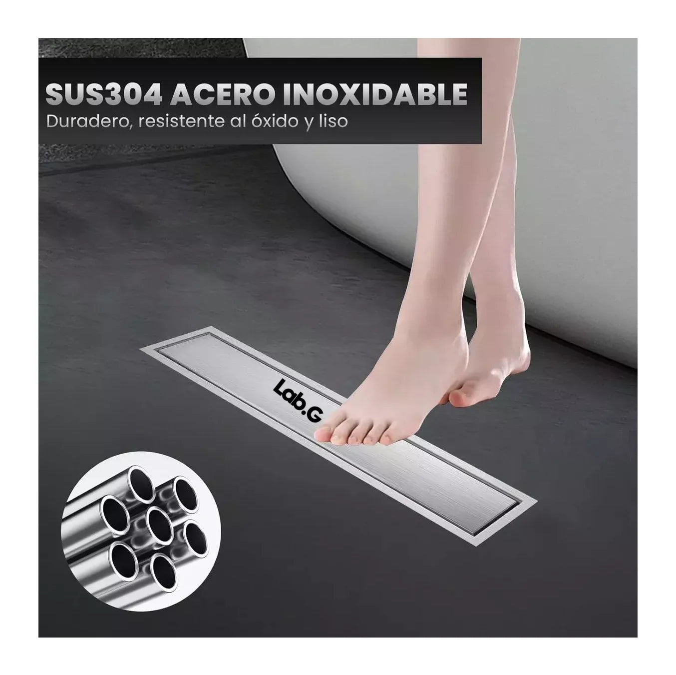 Coladera Desagüe Invisible Lab.G Baño Anti Olor Lineal Inoxi 30*10cm Gris