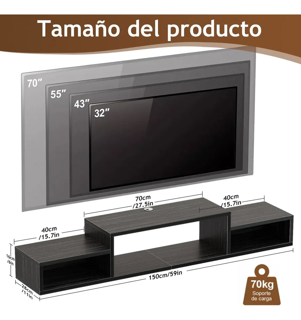 Mueble Flotante para TV de Madera 150cm con Gran Capacidad de Carga 70kg, Soporte Suspendido con Compartimentos y Orificio Pasacables, Compatible con Televisores 32" a 70" para Sala
