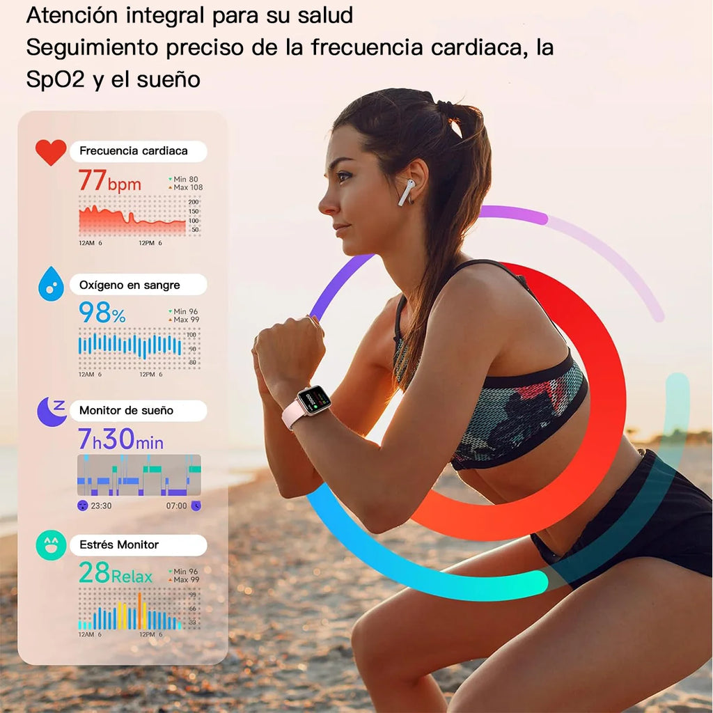 WOOX Reloj Inteligente para Hombres y Mujeres, Smartwatch Reloj Fitness con Pantalla Táctil Completa de 2.01" con Monitor de Ritmo/Sueño/Estrés, Smartwatch Silicon Correa Agua  para Android e iOS