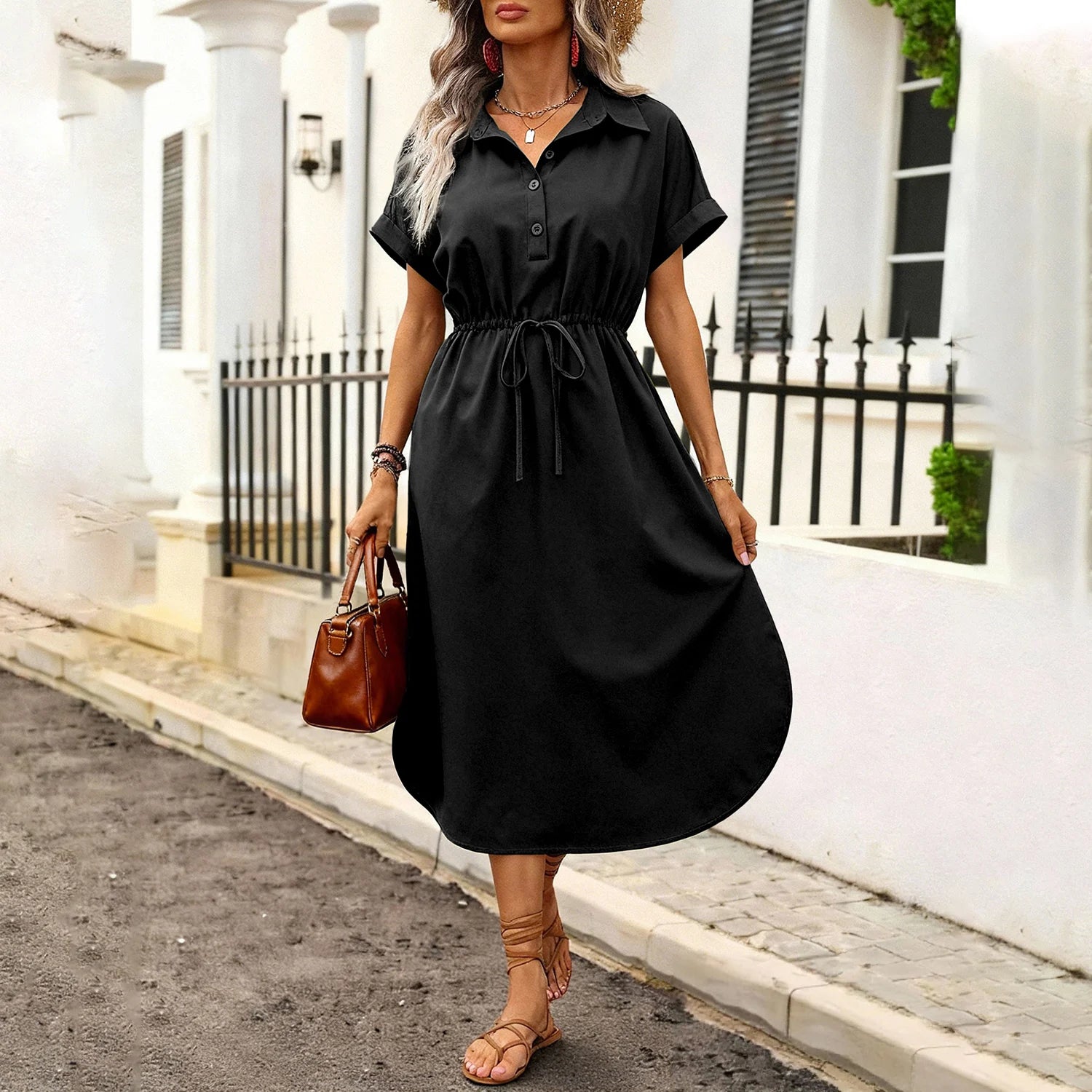 Vestidos Camisero Elegantes Para Mujer Con Botones Y Mangas Enrolladas,Vestido Casuales De Verano Para Todos Los Días