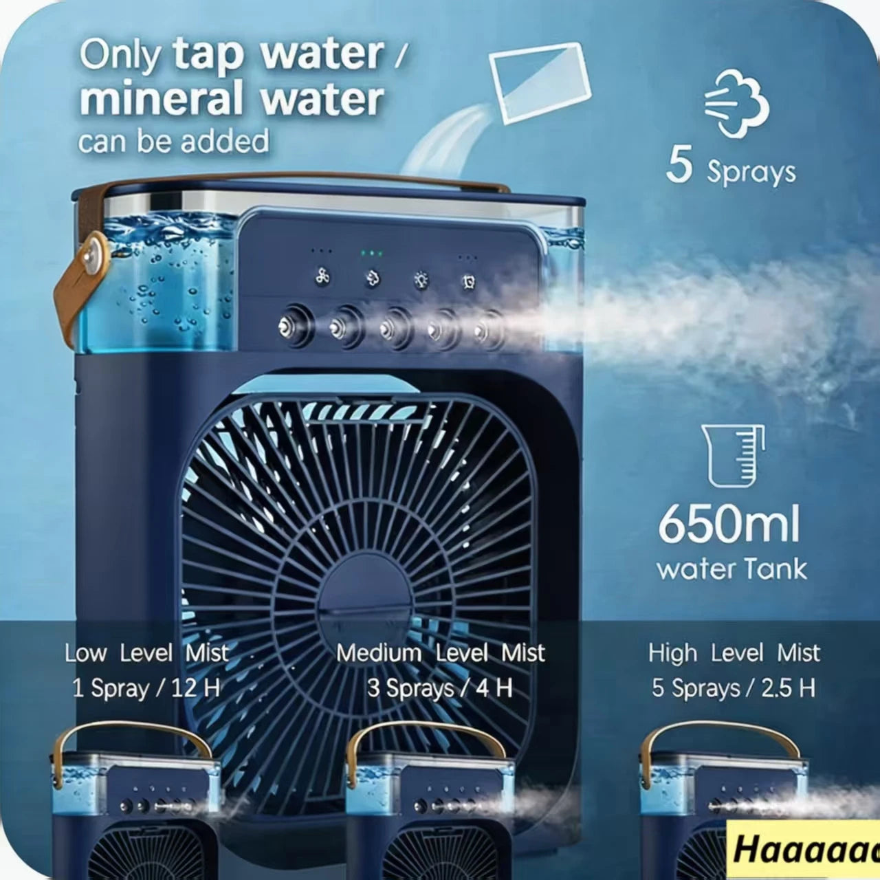 Botella de Spray Portátil para Aire Acondicionado de 600 ml, Ventilador Portátil para RV, Pequeño Aire Acondicionado 3 en 1 con 3 Niveles de Humidificación y 3 Velocidades, Luz Nocturna, Tanque de Enfriamiento de Agua