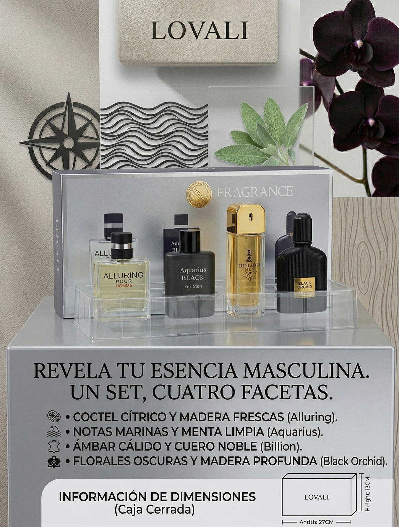 Set de Perfumes para Hombre Lovali 4 Fragancias de 30ml Regalo Ideal para Caballero Aromas de Lujo Cítrico Madera y Marino Estuche de Lociones Masculinas Colección Exclusiva para Viaje y Uso Diario Aroma Duradero