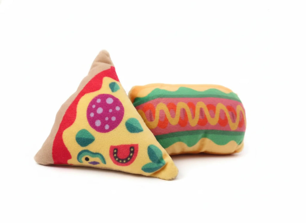 Peluches para mascota, Pack 2 de pizza y hotdog , suministros para mascota, juguete molar para cachorros, alivian el estrés, pequeño , resistente, ayuda a mejorar la ansiedad, irrompible, juguete interactivo