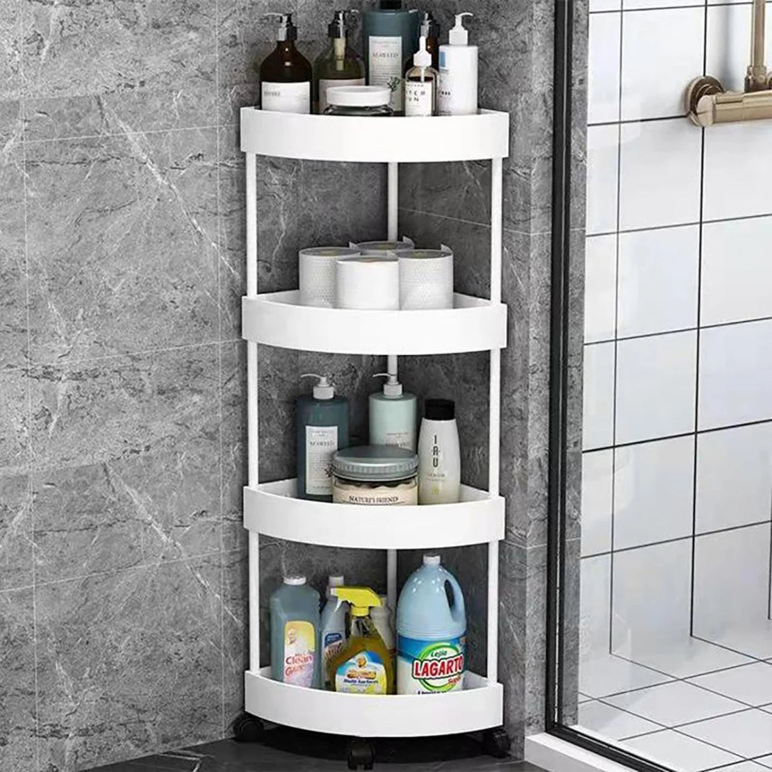 Estantería de almacenamiento para baños y cocinas con múltiples capas, diseño triangular con piso hasta el techo, armario de baño resistente y moderno.