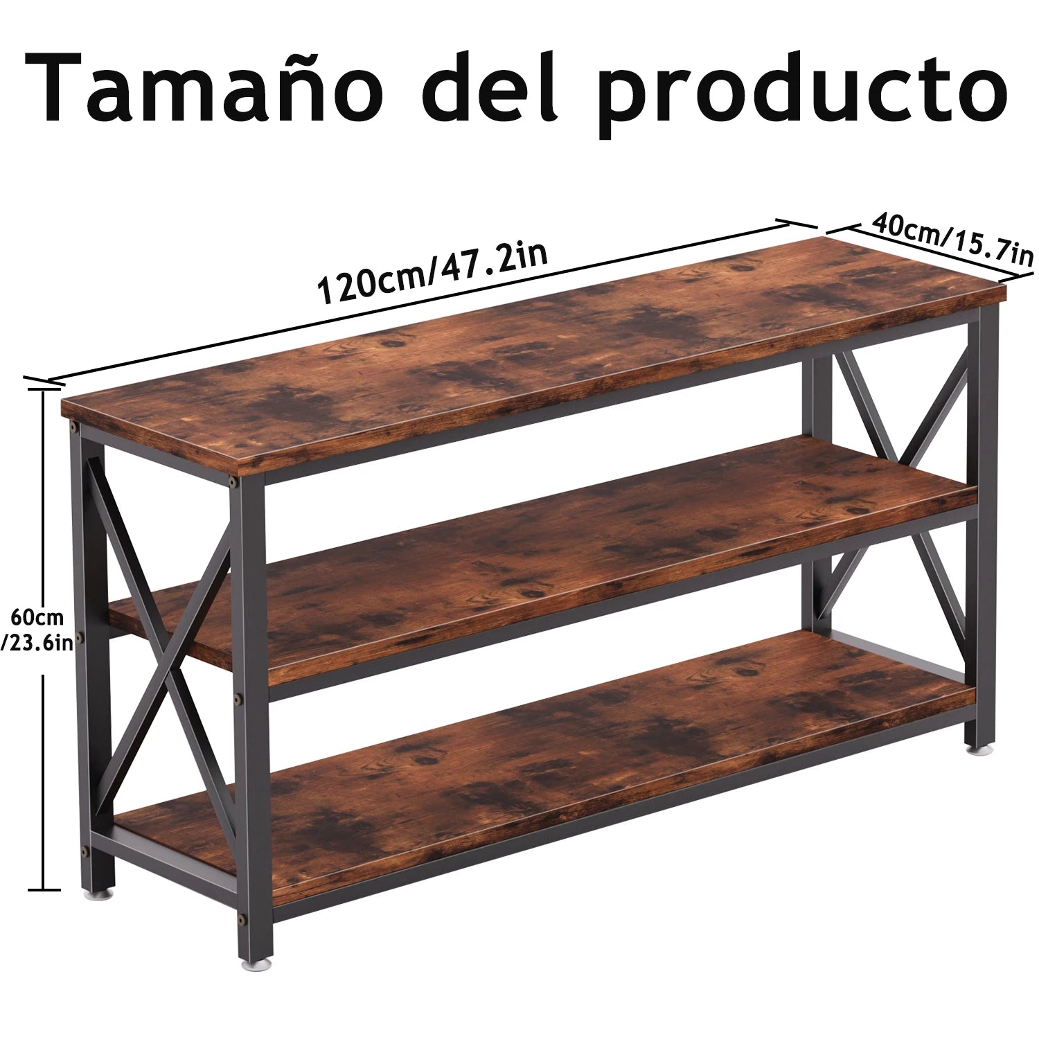 Mesa Consola Industrial de 3 Niveles, Estantería de Almacenamiento para Entrada, Sala y Recámara, 120x40x60 cm, Madera Rústica y Marco de Metal