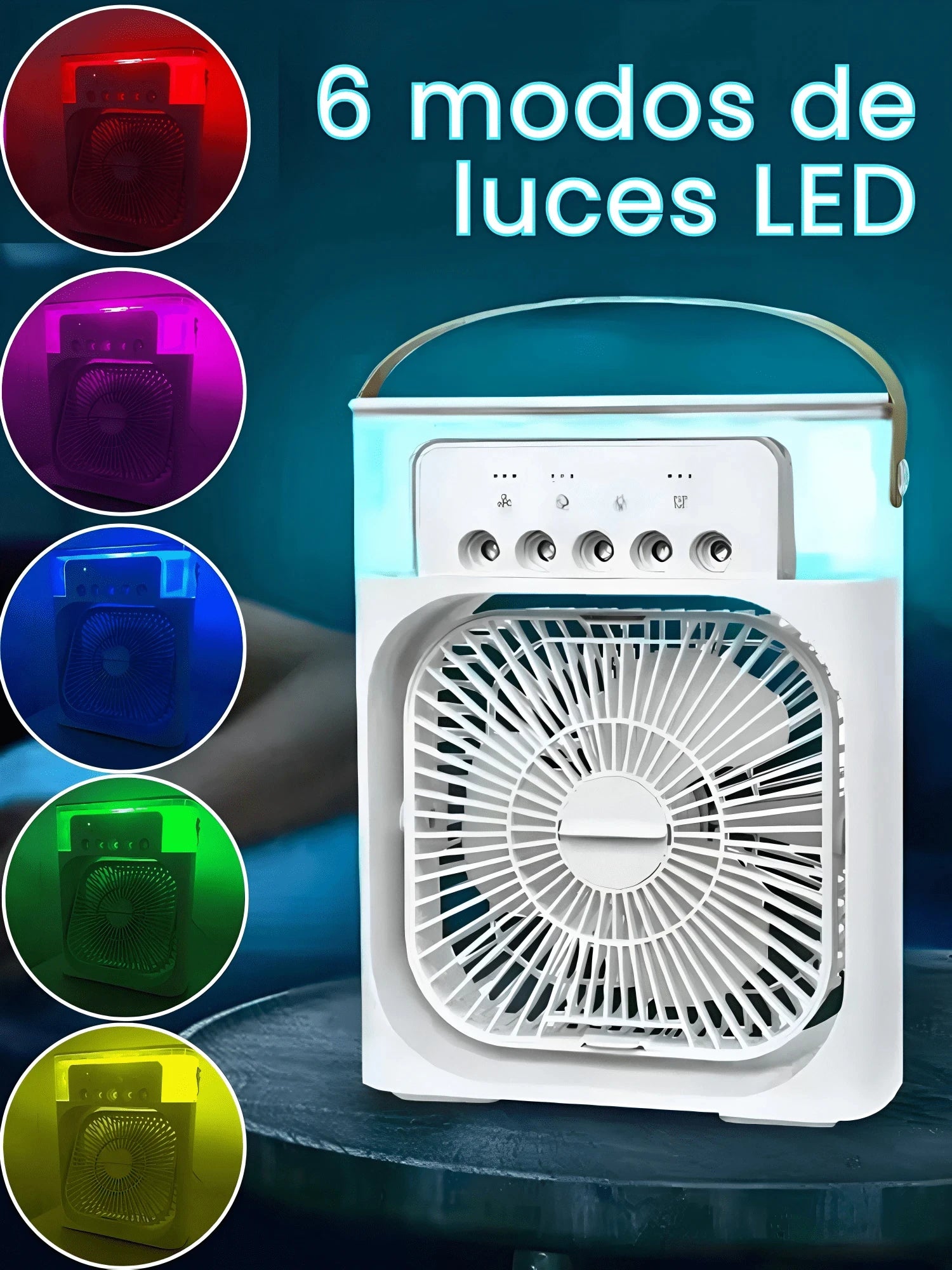 Enfriador de Aire Portátil 3 en 1, Mini Ventilador USB con Humidificador y 5 Boquillas de Pulverización. 3 Velocidades, 3 Modos de Pulverización, Temporizador y Luz Nocturna Multicolor,Flujo de Aire Ajustable.