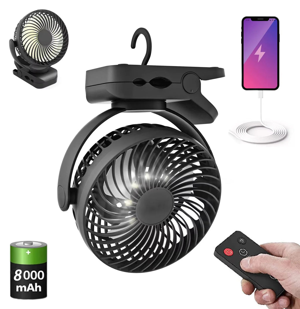 Ventilador frío móvil para acampar al aire libre, reunión familiar, ventilador de Camping portátil de 8000mAh con linterna LED y gancho para colgar-35H recargable