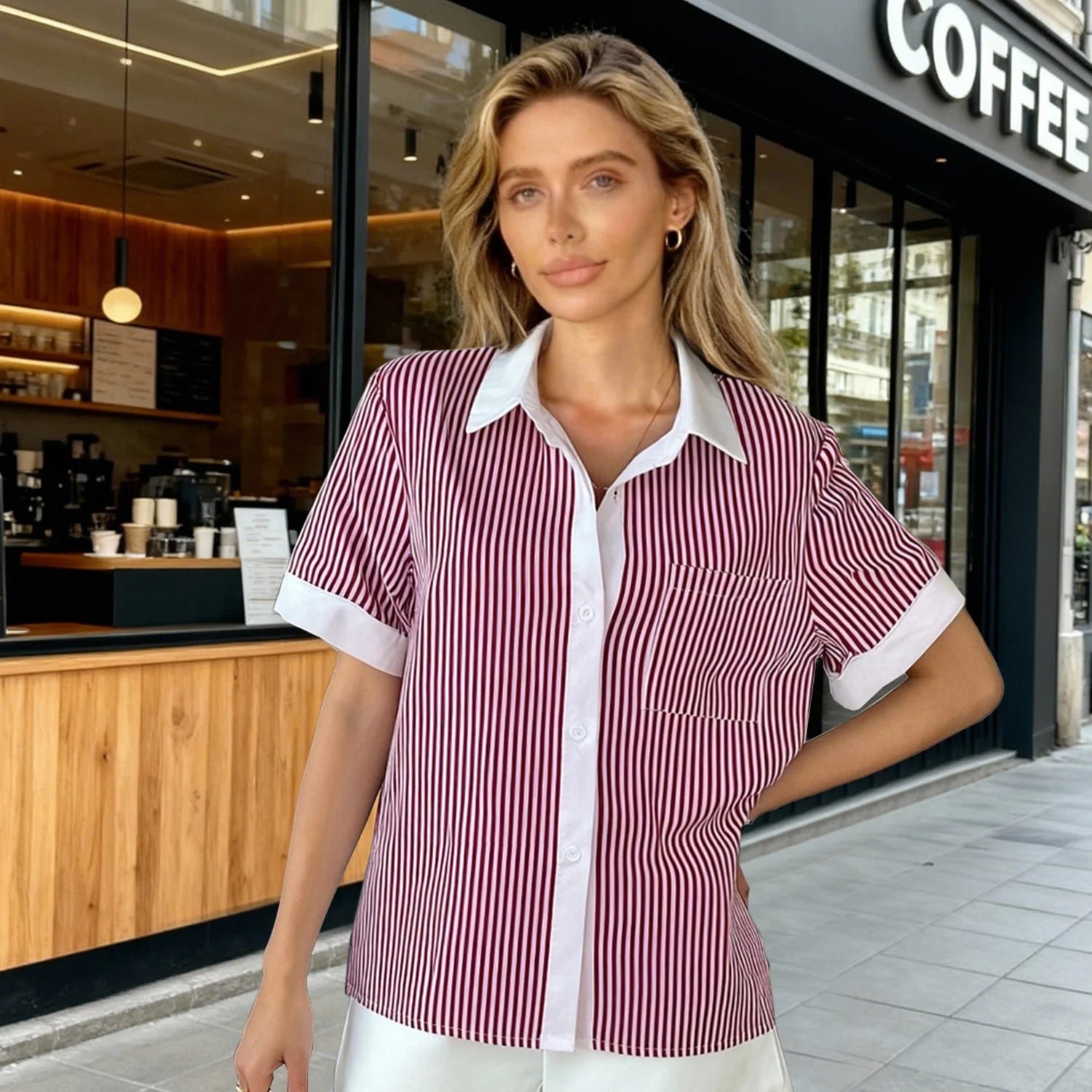 Elegantes Blusas Para Juvenil Mujer A Rayas Con Botón Delantero,Camisas De Vestir De Manga Corta