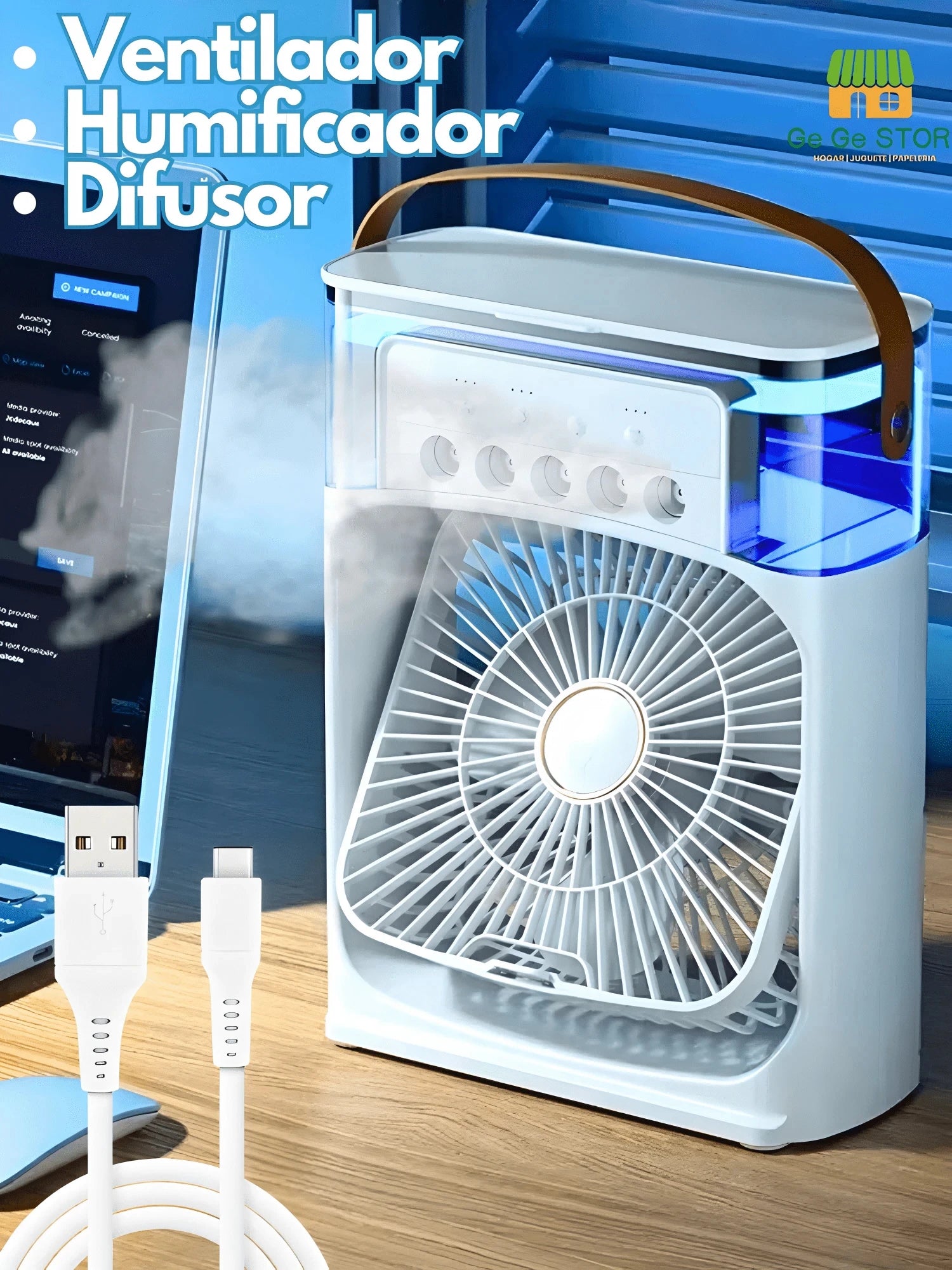 Enfriador de Aire Portátil 3 en 1, Mini Ventilador USB con Humidificador y 5 Boquillas de Pulverización. 3 Velocidades, 3 Modos de Pulverización, Temporizador y Luz Nocturna Multicolor,Flujo de Aire Ajustable.