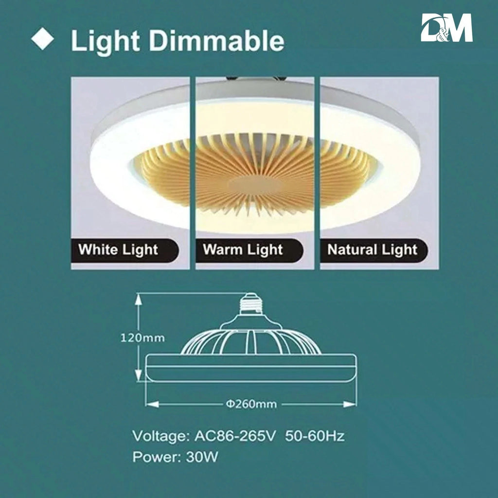 Ventilador de techo circular LED con luz y control remoto, temperatura de color ajustable de 3000 K a 6500 K, tres velocidades, ideal para diversos espacios como dormitorios.