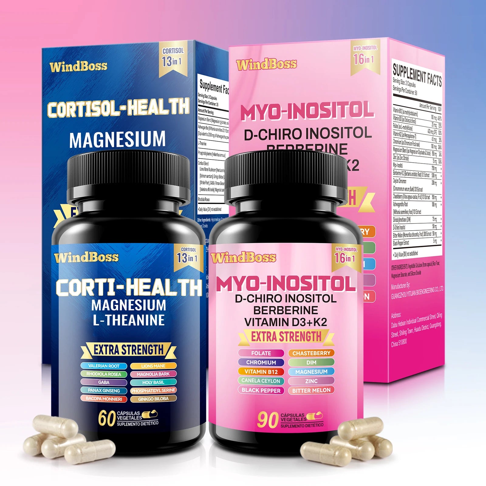 【Complete Balance】 Windboss Cortisol and Inositol Combo, All-Day Energy Support, 90+60 Capsules