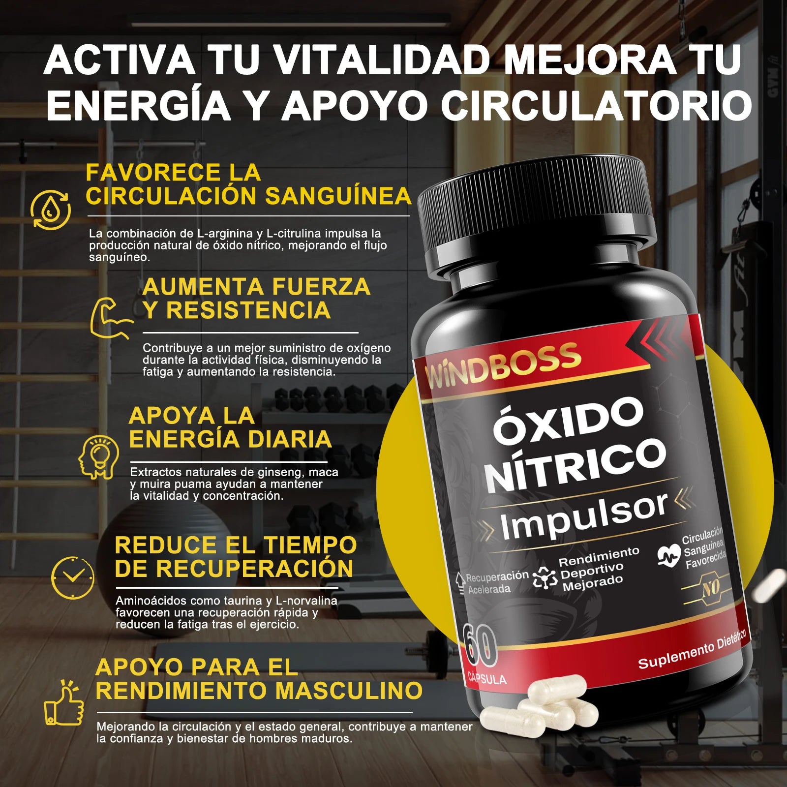 Windboss Suplemento para Hombres – Soporte para Próstata y Circulación – Extractos Naturales, Aminoácidos, Minerales – Saw Palmetto, L-Arginina, Maca, Zinc – Paquete 2 Frascos