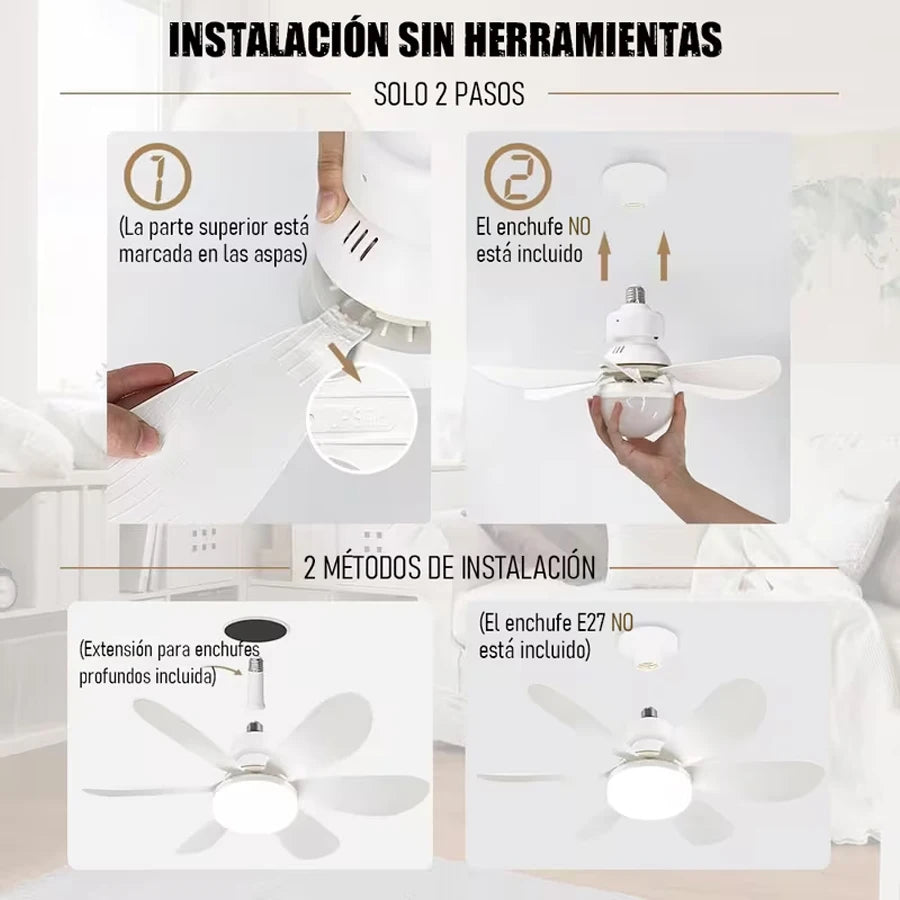 Ventilador de techo inteligente E27 con control remoto y luz LED - Enchufe multifuncional, ventilación ajustable, diseño simple, fácil instalación, ideal para toda la familia, perfecto para baños