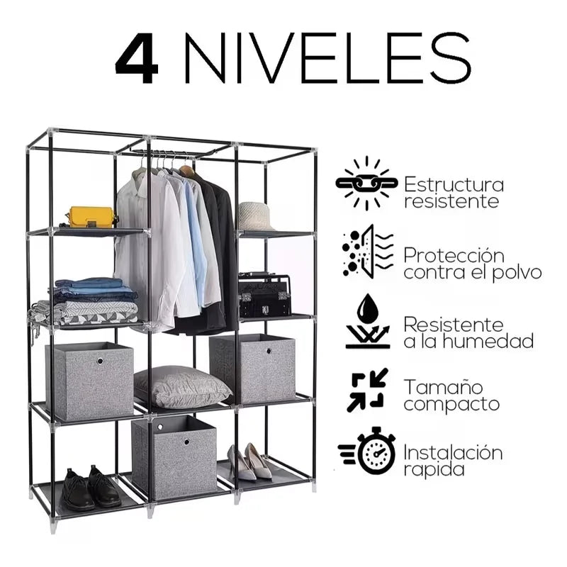Armario Tela 4 Niveles, Armario Desmontable para Ropa, Organizador de Almacenamiento Resistente al Agua