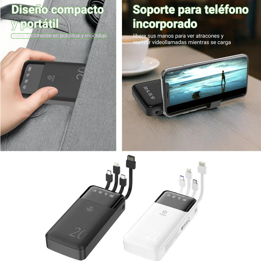 Batería Externa Portátil de 20000mAh/10000mAh con 4 Cables Integrados, Pantalla Digital, 74Wh, para iPhone 16 17 Huawei Xiaomi