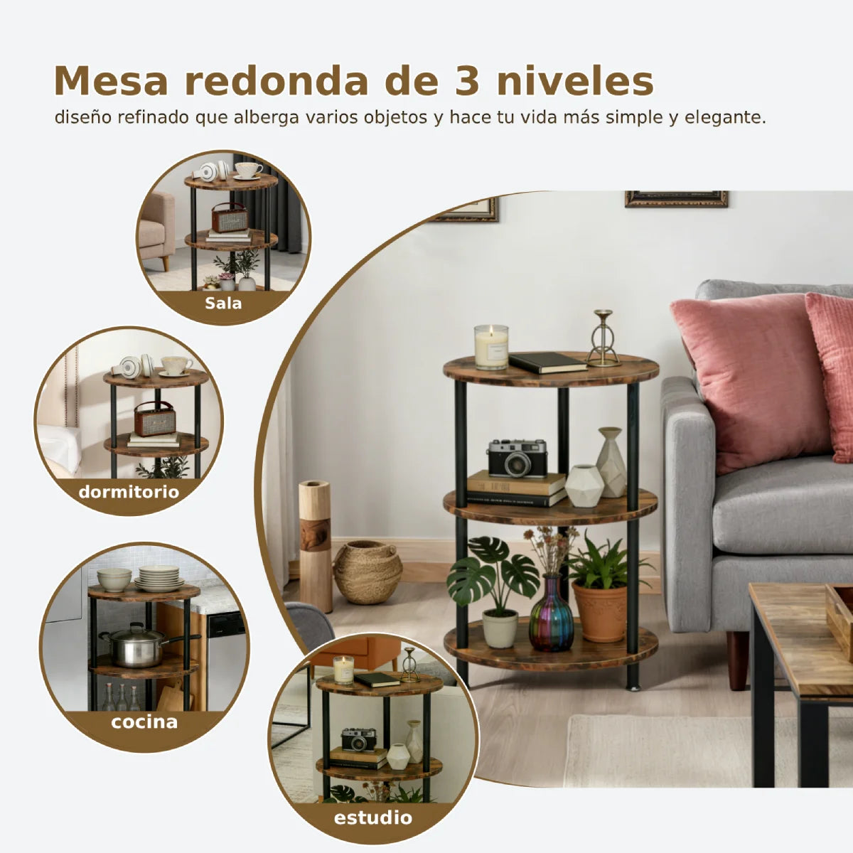 Mesita Auxiliar Redonda Mini, Mesita de Madera de 3 niveles , Ideal como Mesa de Centro, Mesita Lateral de Sofá y Mesita de Noche, 33.5X33.5cm