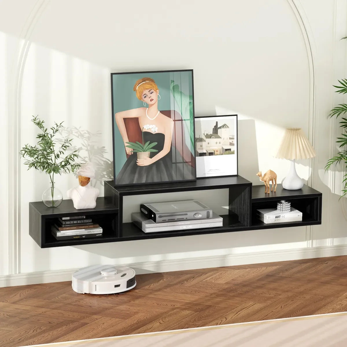 Mueble Flotante para TV de Madera 150cm con Gran Capacidad de Carga 70kg, Soporte Suspendido con Compartimentos y Orificio Pasacables, Compatible con Televisores 32" a 70" para Sala